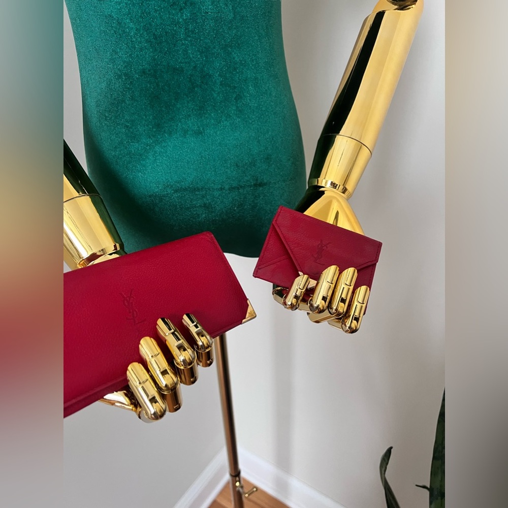 Yves Saint Laurent Bifold Wallet Coin Purse set Leather Red